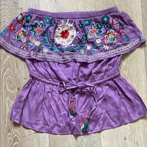 Chelsea and Violet Embroidered Purple Off-Shoulder Top with cinch waist